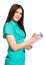 Young smiling female doctor in uniform with clipboard writting