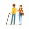 Young smiling female volunteer helping and supporting blind man, healthcare assistance and accessibility colorful vector