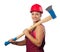 Young smiling female woodcutter with hard hat