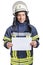 Young smiling firefighter wearing uniform and helmet looking to the camera and holding empty paper sheet