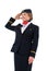 Young smiling flight attendant saluting
