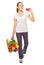 Young smiling girl food basket and credit card