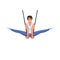 Young smiling guy doing exercises using flying rings. Olympic sport. Strong athlete in sportswear. Cartoon character of