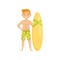 Young smiling guy standing with surfing board. Man in green swim shorts. Tourist on Bali. Flat vector design