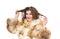 Young smiling happy woman in fox fur coat holding her hair with her hands, isolated on white background.