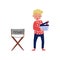 Young smiling man with clapperboard. Guy standing near producer`s chair. Filmmaking theme. Flat vector design