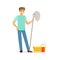 Young smiling man cleaning the floor with a mop and bucket of water, house husband working at home vector Illustration
