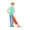 Young smiling man cleaning the floor with steam mop cleaner, house husband working at home vector Illustration