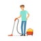 Young smiling man cleaning the floor with vacuum cleaner, house husband working at home vector Illustration