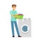 Young smiling man doing laundry, holding basin full of dirty laundry, house husband working at home vector Illustration