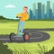 Young smiling man riding on segway scooter on city background, electric two wheels vehicle vector illustration