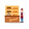 Young smiling man selling bread. Fresh products on stand. Food market shop. Bakery store. Flat vector design