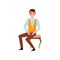 Young smiling man sitting on classic wooden chair with soft trim. Guy in formal clothes. Flat vector illustration
