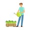 Young smiling man watering plants in wooden box, house husband working at home vector Illustration