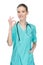 Young smiling nurse with stethoscope showing ok sign