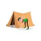Young smiling teenager boy setting up tourist tent. Summer travel, camping or hiking concept. Flat style cartoon