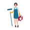 Young smiling woman dressed in uniform holding floor mop and bucket. Female cleaning service worker, home cleaner or