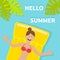 Young smiling woman girl floating on yellow air pool water mattress. Red swimsuit Hello Summer. Palm tree leaf. Cute cartoon relax