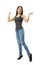 Young smiling woman in sleeveless gray top and blue jeans standing on tiptoes with arms bent and raised to sides