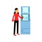 Young smiling woman standing near cash machine with payment card in hand. Cartoon female character in red blouse and