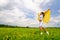 Young smiling woman standing with silk shawl in meadow