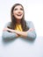 Young smiling woman yellow dressed show blank card.