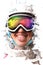 A young snowboard girl wearing a helmet and glasses put out her tongue. The mask reflects the demand