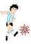 A young soccer player in the Argentine uniform kicks the covid-19 virus