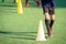 Young soccer player training with sport cone marker on green grass football pitch training ground