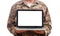 Young soldier showing a laptop with blank screen on white background