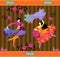 Young Spanish couple dancing flamenco. Man with raincoat and woman with shawl in the form of flying bird. Striped background.