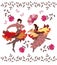 Young spanish couple in national clothes dancing flamenco in garden among butterflies and flowers isolated on white background.