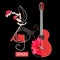 Young spanish girl dances a flamenco on treble clef and red-black guitar near. Beautiful card, poster