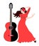 .Young spanish girl - flamenco dancer and black-red guitar isolated on white background. Vertical poster