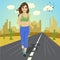 Young sport woman running on asphalt road in desert, fitness and wellness concept