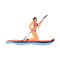 Young sport woman in swimsuit is kneeling on paddle board a vector illustration.