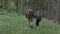 Young sportive couple with backpacks taking a walk through mountain forest hand in hand stopping to admire the amazing view -