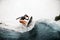 Young sportive woman masterfully ride surf board on the wave