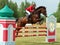 Young sports girl horseback jumping obstacle
