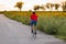 Young sporty cyclist riding on road bicycle along the field of sunflowers. Back view. Photo