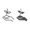 Young sprout in hand line and solid icon, care nature concept, Hand holding seedling in soil symbol on white background