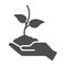 Young sprout in hand solid icon, care nature concept, Hand holding seedling in soil symbol on white background, Plant in