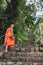 Young Sri Lankan monk leads us along steep stone steps to the top of the hill with Buddha statue