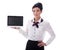 Young stewardess showing laptop with blank screen isolated on wh