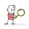 Young stickmen with loupe on the white background. Drawing of cartoon stick figure looking through magnifying glass and searching