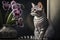 A Young Striped Cat Sits On A Windowsill Near An Orchid. Generative AI