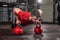 Young strong fit sweaty muscular man with big muscles doing push ups on two big old heavy kettlebells