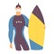 Young strong man in diving full suit with surfboard in protective face mask during covid-19 pandemic. Vector concept character