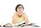 Young student girl thinking with book over white background