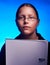 Young student in glasses holds folder